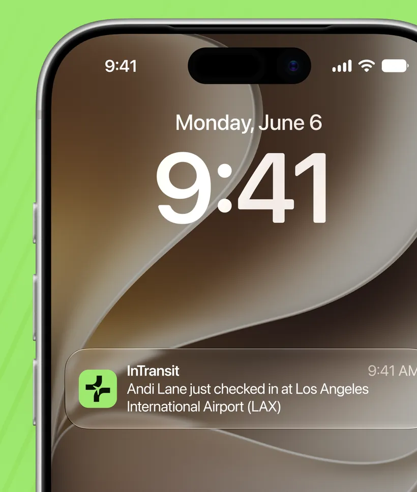 Lock-screen notification: Andi Lane just checked in at Los Angeles International Airport (LAX)