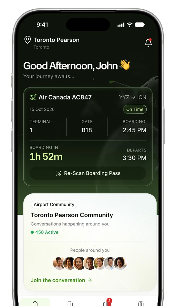 InTransit home screen showing a flight to Incheon, a boarding countdown and the Toronto Pearson airport community