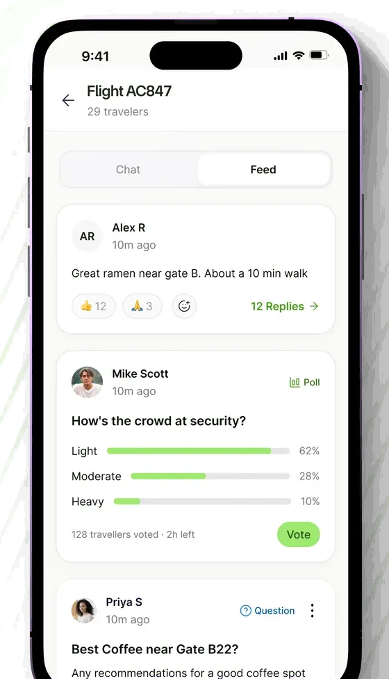 Flight community feed with tips, polls and questions from fellow travellers
