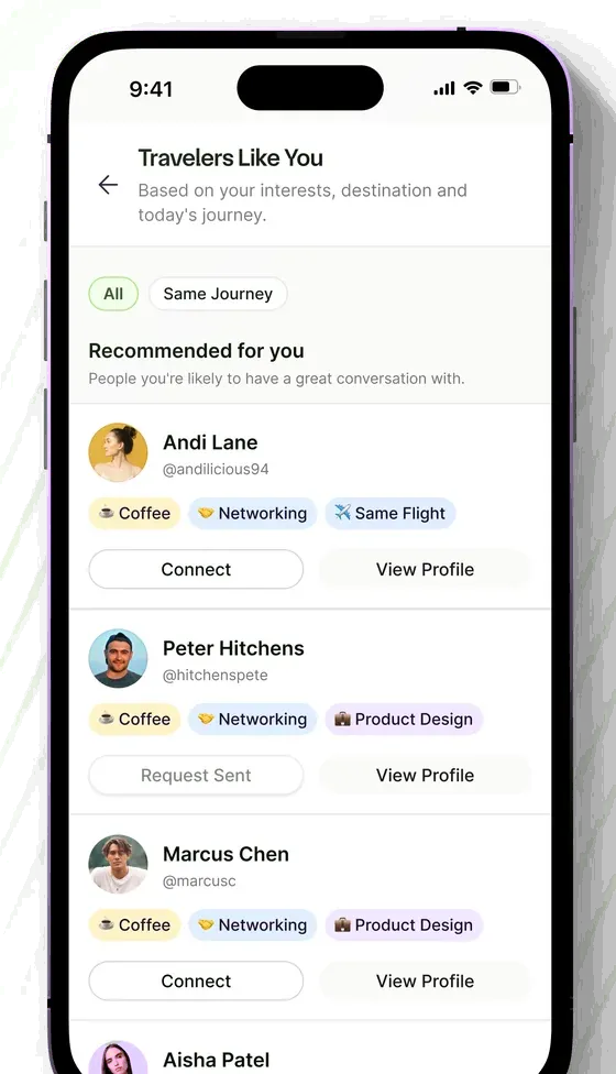 Travellers like you, matched on shared interests and journey