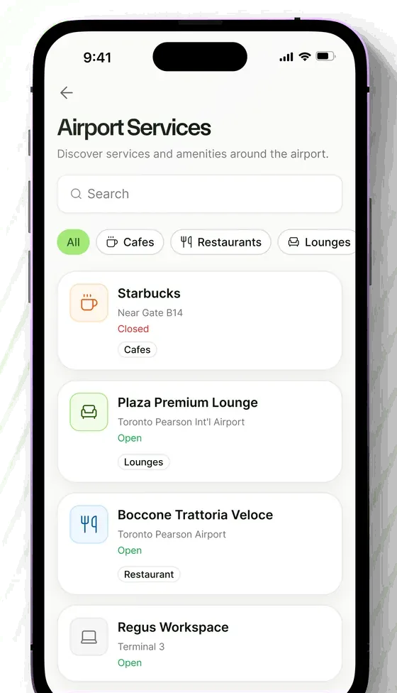 Airport services list with cafés, lounges and workspaces