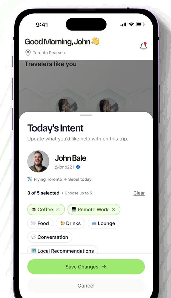 Setting today’s trip intent, such as coffee or remote work