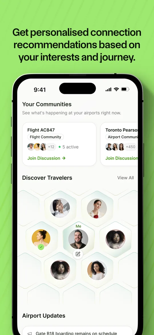 Get personalised connection recommendations based on your interests and journey